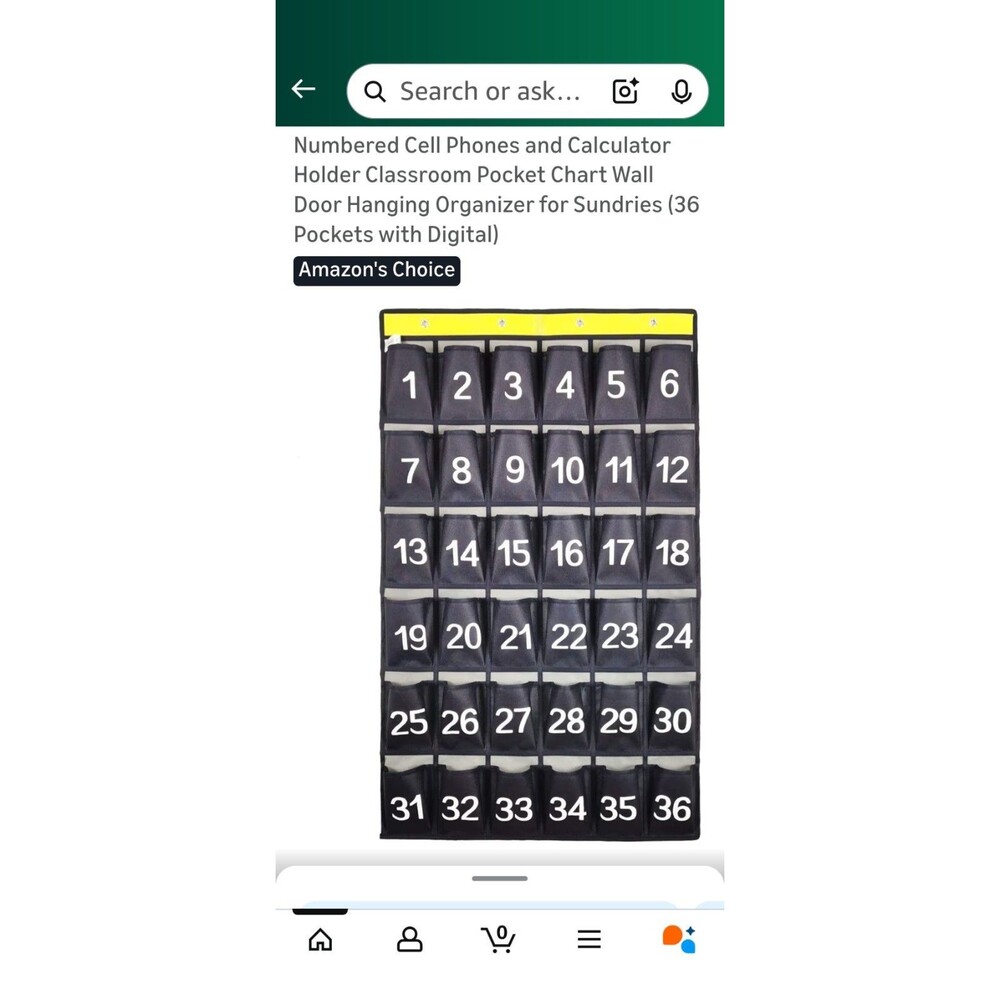 36-Pocket Black Grey Numbered Classroom Chart Cell Phone Calculator Holder